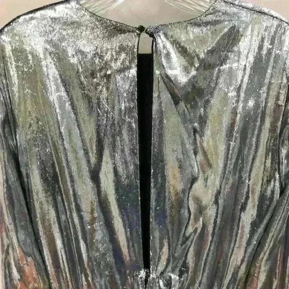 Saint Laurent Womens Silver Draped Waist Faux Wrap Metallic Silk Dress FR 40 - Picture 14 of 16